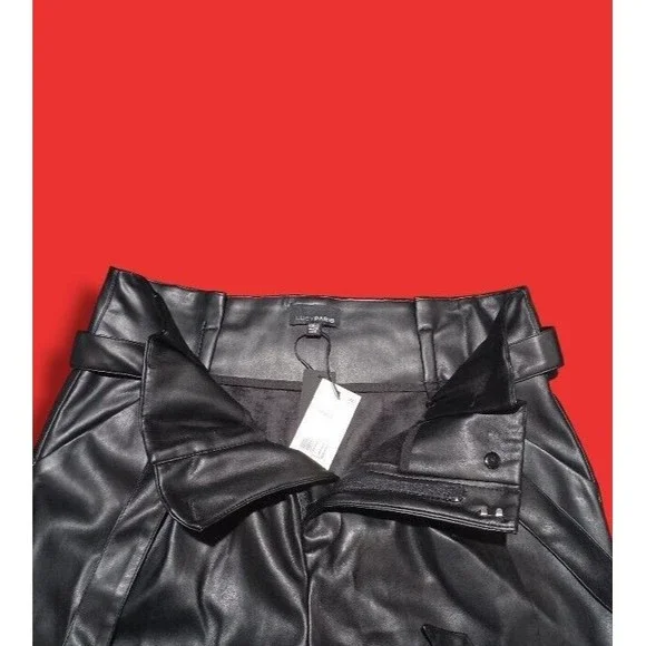 Lucy Paris Belted Paper Bag Waist Black Faux Leather High Rise Womens Sz L Pant - Picture 9 of 16